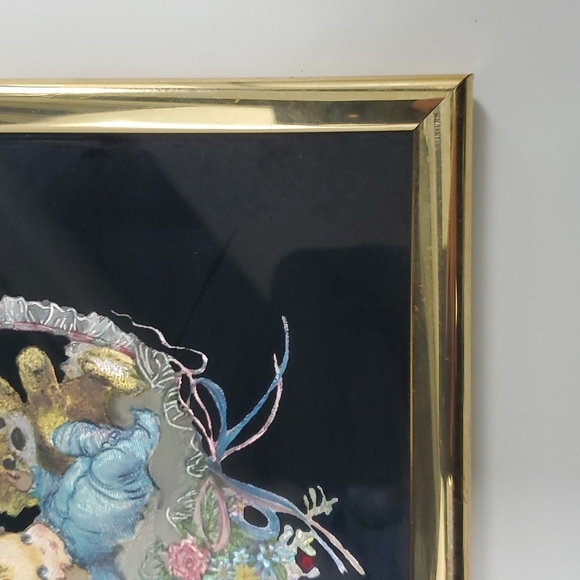 Vtg 80s baby and teddy bear framed foil art kafka industries #0542 - Picture 5 of 6